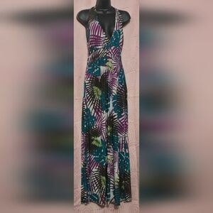 Attention Women’s M Tropical Leaf Maxi Dress Neck Halter USA